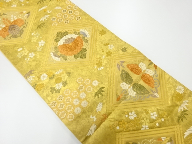 リサイクル　引箔菱に菊桐唐草・鶴模様織出し袋帯